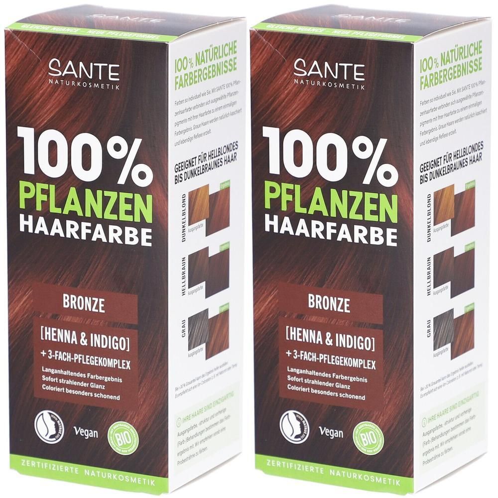 Zwei Kartons Pflanzenhaarfarbe. Aufschrift: 100% Pflanzenhaarfarbe, Bronze. Marke: SANTE. Mit Vegan- und Bio-Siegel.