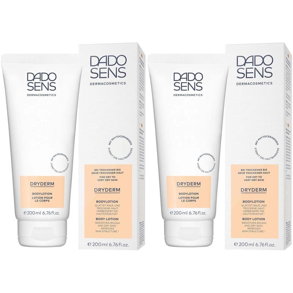 Vier Tuben und Verpackungen von DRYDERM Bodylotion. Weiße Tuben mit Schriftzug DADOSENS und DRYDERM. Verpackungen in Weiß und Beige.