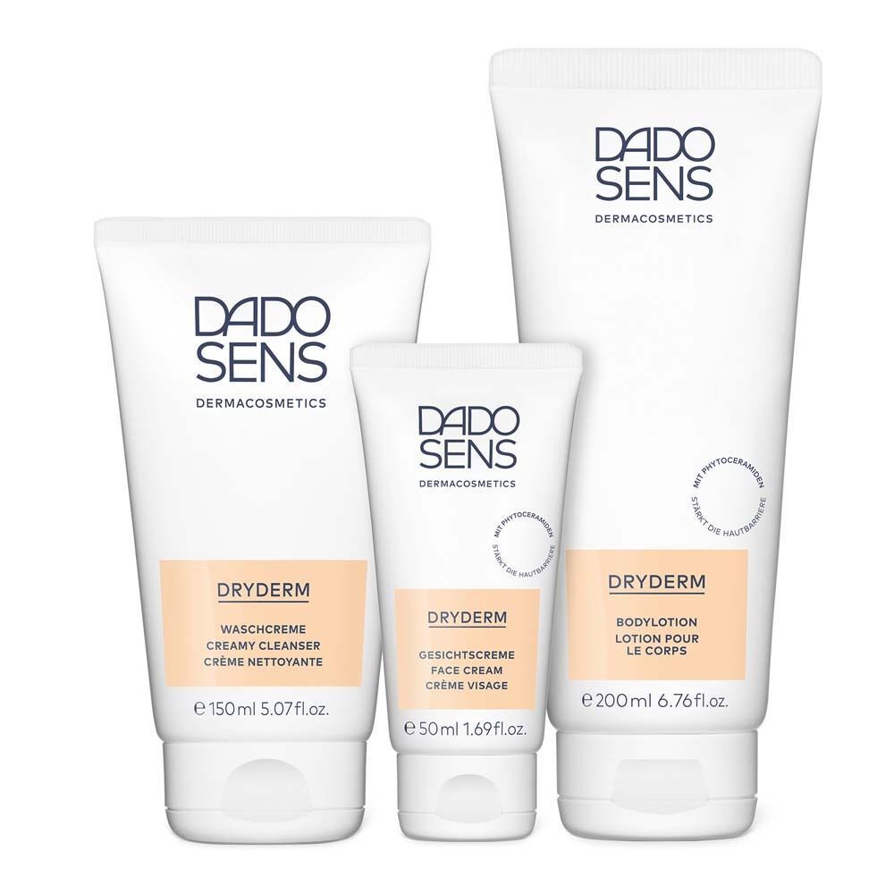 Drei Produkte nebeneinander. Waschcreme, Gesichtscreme und Bodylotion. Alle mit DADOSENS und DRYDERM.