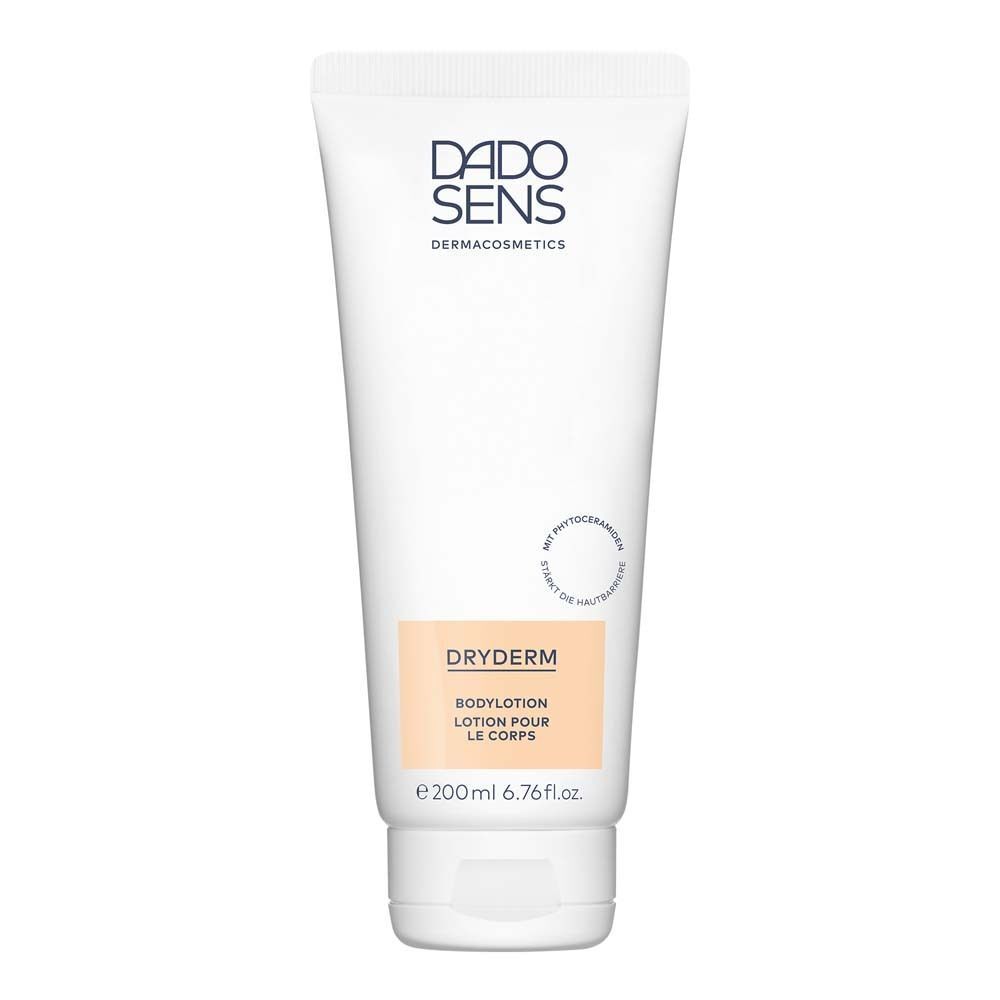 Eine Tube DRYDERM Bodylotion. Weiß mit Schriftzug DADOSENS und DRYDERM. Beigefarbener Bereich.