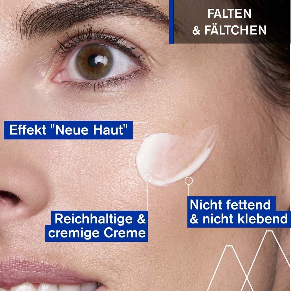 Nahaufnahme eines Gesichts mit Creme. Text: Reichhaltige & cremige Creme, Nicht fettend & nicht klebend, Effekt "Neue Haut", Falten & Fältchen.