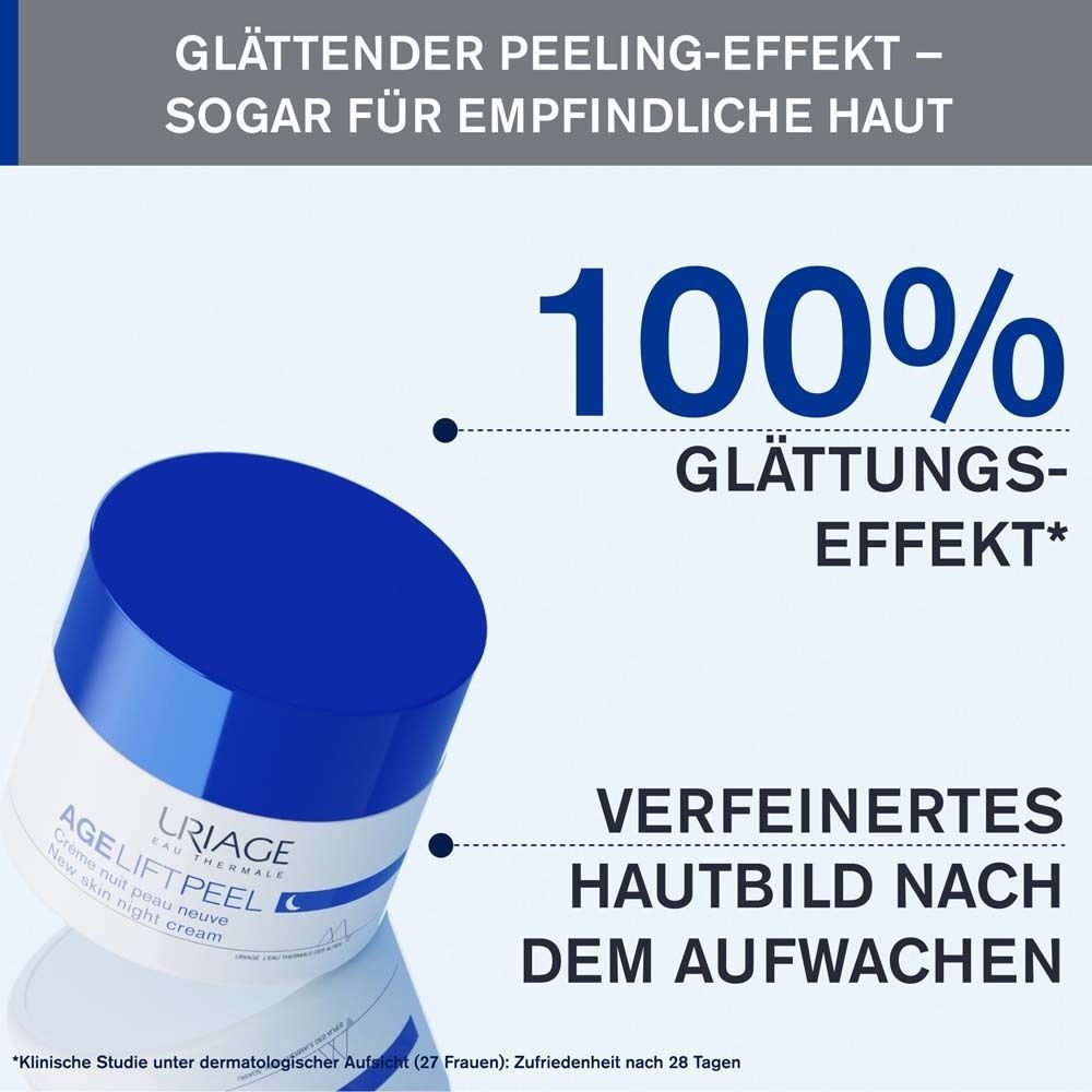Produkt mit blauem Deckel. Text: Glättender Peeling-Effekt, sogar für empfindliche Haut. 100% Glättungseffekt. Verfeinertes Hautbild nach dem Aufwachen.