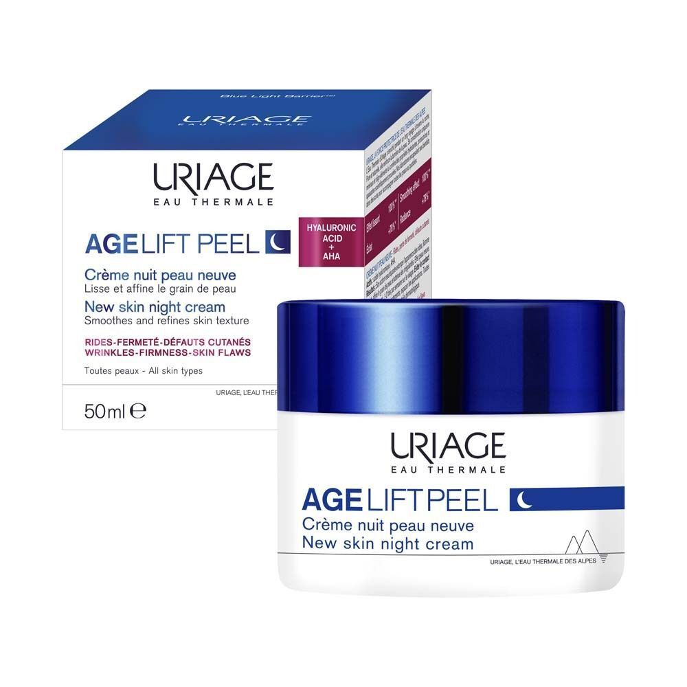 Produktverpackung. URIAGE Age Lift Peel Nachtcreme. Weiße Dose mit blauem Deckel. 50ml. Inhaltsstoffe: Hyaluronsäure, AHA.