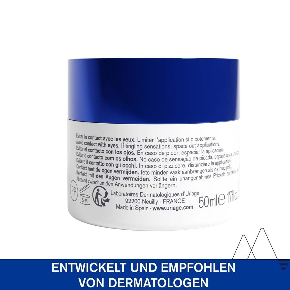 Rückseite des Produkts. Text: Entwickelt und empfohlen von Dermatologen. Inhaltsangaben. 50ml. URIAGE.