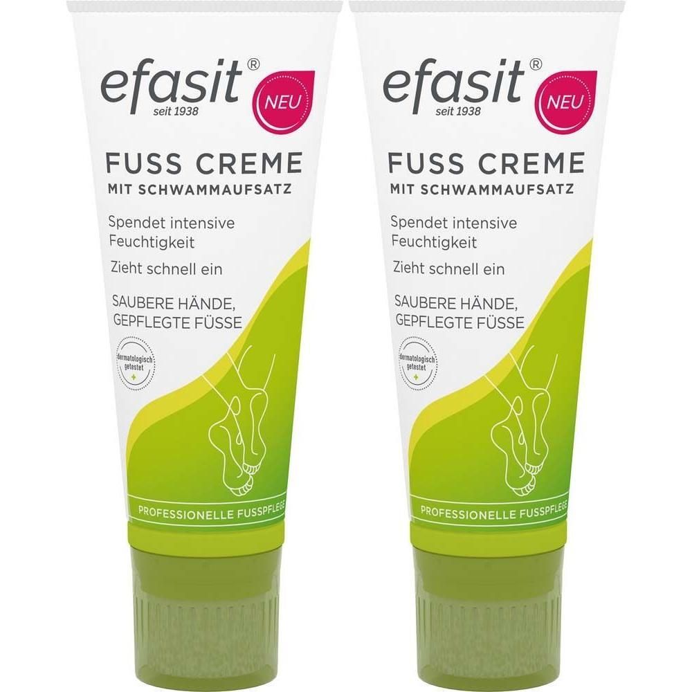 Zwei Tuben Fußcreme mit Schwammaufsatz. Weiße Tuben mit grüner und gelber Beschriftung. Marke: efasit.