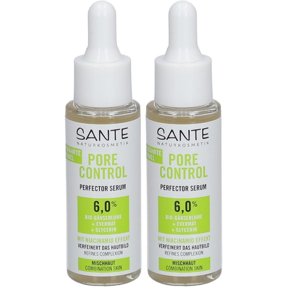 Zwei Flaschen Serum. Weiße Deckel mit Pipette. Aufschrift: SANTE, PORE CONTROL, 6,0%, Bio-Gänseblume, Evermat, Glycerin. Für Mischhaut.