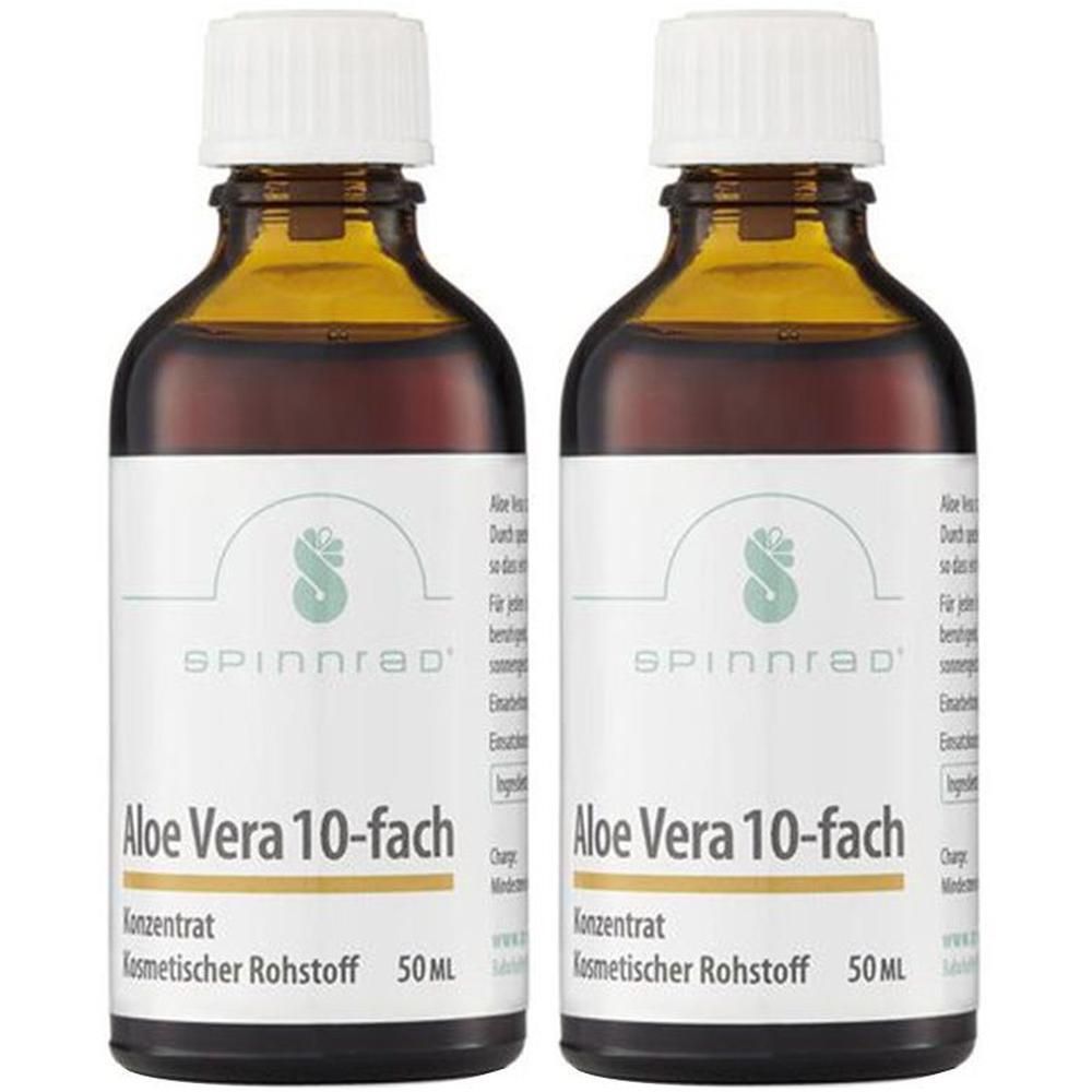 Zwei braune Glasflaschen mit weißem Deckel. Auf dem Etikett steht "Spinnrad Aloe Vera 10-fach Konzentrat".