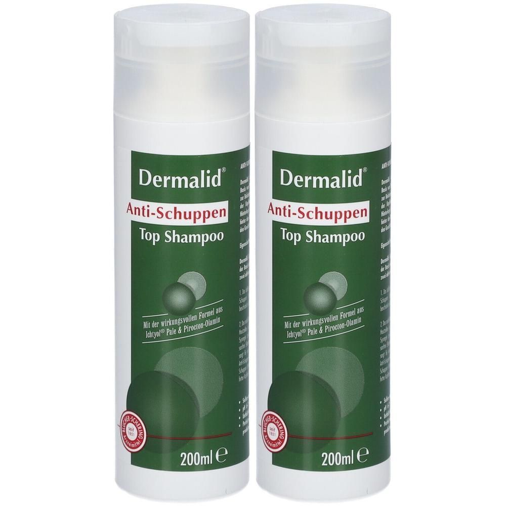 Zwei Flaschen Dermalid Anti-Schuppen Top Shampoo. Weiße Flaschen mit grünem Etikett. Text: Anti-Schuppen, 200ml.