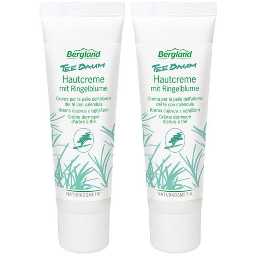 Zwei Tuben Hautcreme. Aufschrift: TEEBAUM Hautcreme mit Ringelblume. Naturkosmetik-Siegel.