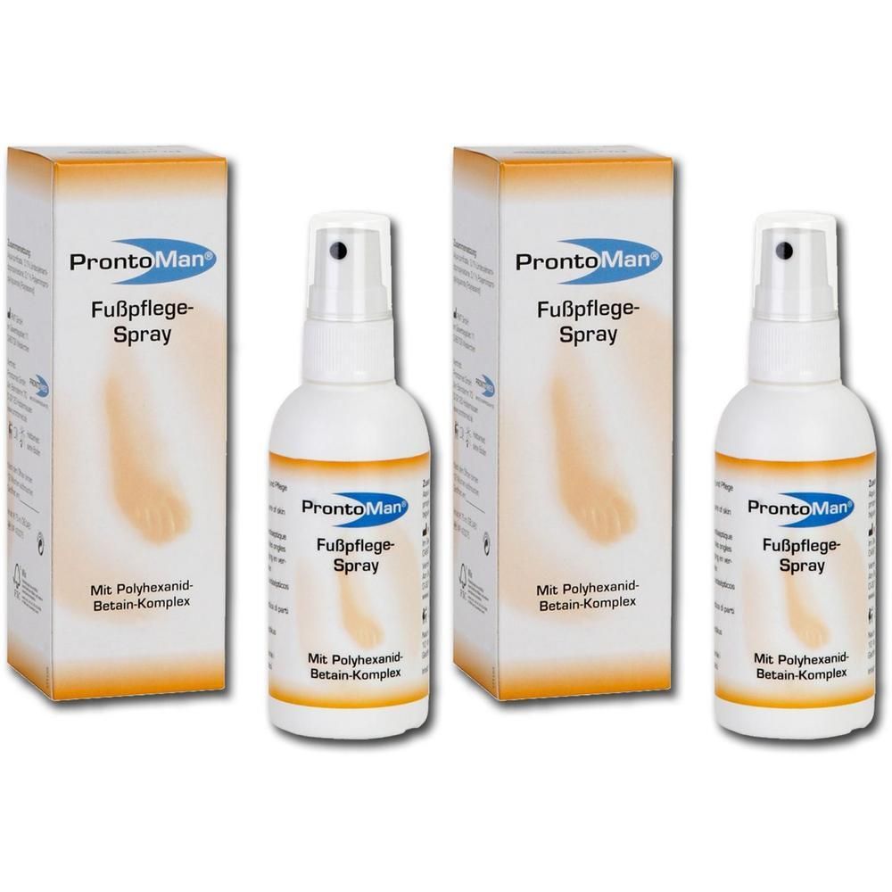 Drei Flaschen und zwei Kartons. Auf den Flaschen steht "ProntoMan Fußpflege-Spray". Die Kartons zeigen einen Fuß und Produktinformationen.
