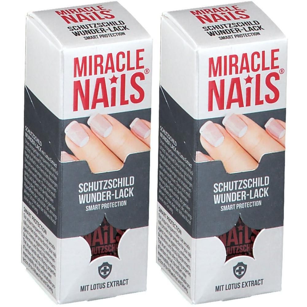 Zwei Schachteln MIRACLE NAILS® Schutzschild Wunder-Lack. Aufdrucke: Name, Produktbezeichnung, Smart Protection, Lotus Extrakt. Abbildung von Fingernägeln.