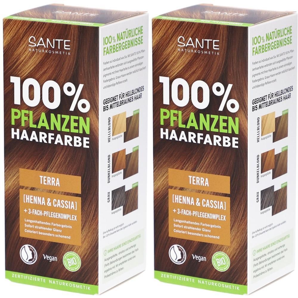 Zwei Kartons Sante® Pflanzen Haarfarbe Terra. Aufdruck: 100% Pflanzen Haarfarbe, Henna & Cassia, Vegan, Bio-Siegel. Farbbeispiele.