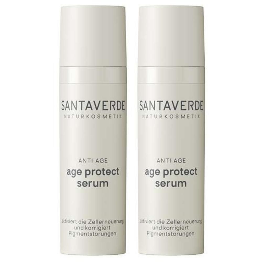 Zwei weiße Flaschen mit SANTAVERDE-Logo und Aufschrift "age protect serum".