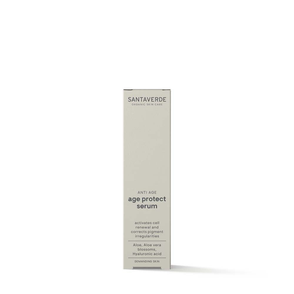 Verpackung mit SANTAVERDE-Logo und "age protect serum". Text: Aktiviert die Zellerneuerung.
