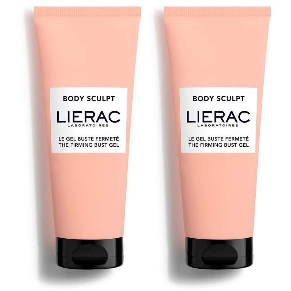 Zwei Tuben rosa Gel mit schwarzem Verschluss. Aufschrift: Body Sculpt, Lierac, Le Gel Buste Fermeté, The Firming Bust Gel.