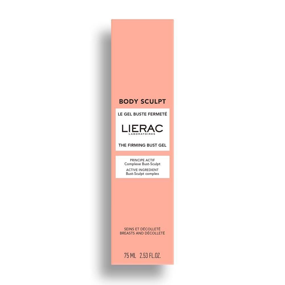 Rosa Verpackung mit Produktinformationen. Aufschrift: Body Sculpt, Lierac, Le Gel Buste Fermeté, The Firming Bust Gel. 75 ml.