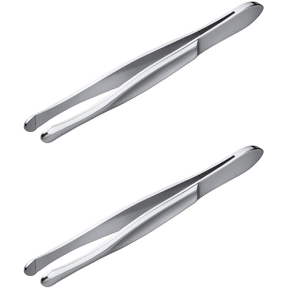 Zwei abgerundete Pinzetten aus Metall. Die Spitzen sind abgerundet. Die Pinzetten sind leicht angewinkelt.