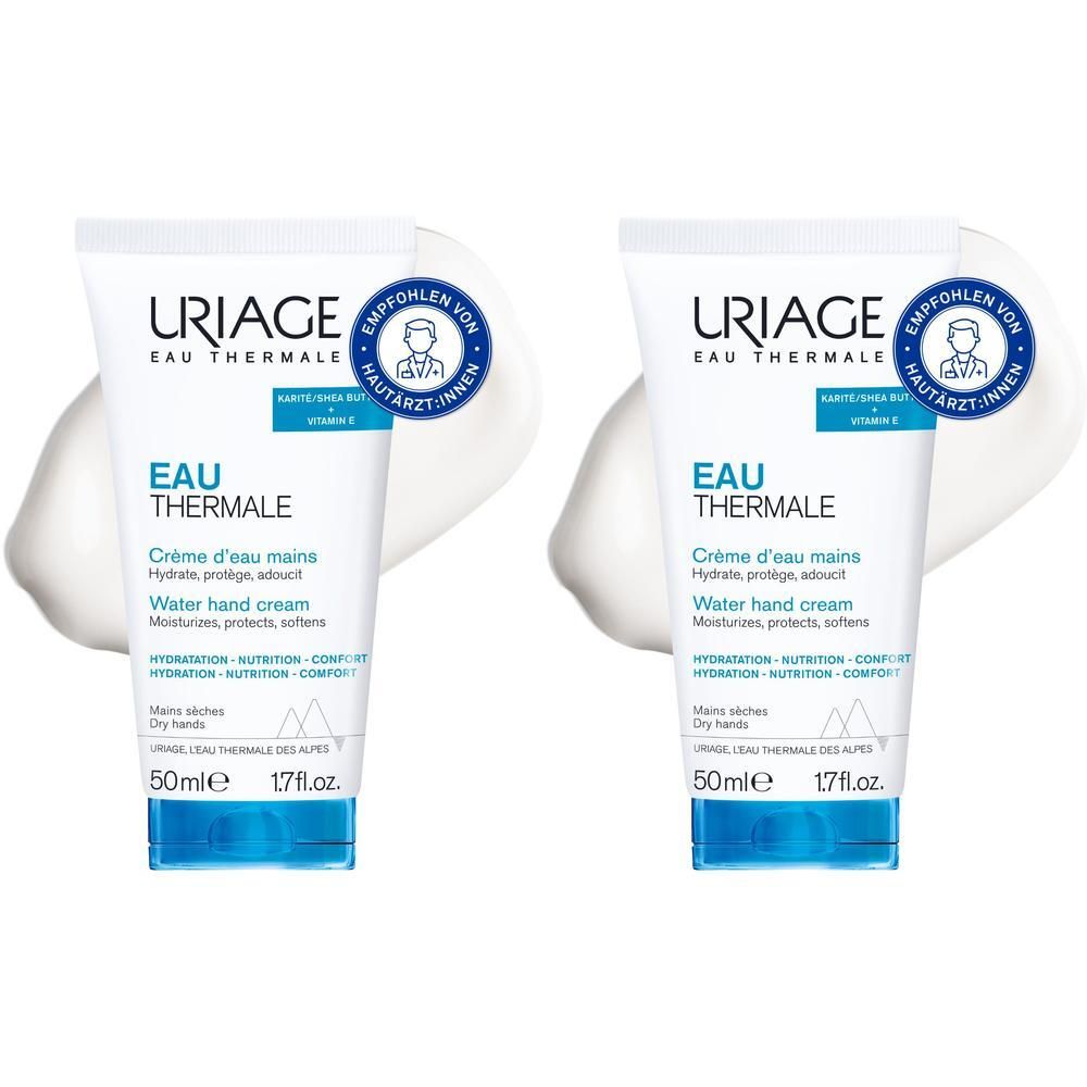 Zwei Tuben Handcreme. Weiß, mit blauer Schrift und blauen Akzenten. Aufschrift: URIAGE Eau Thermale, 50ml.