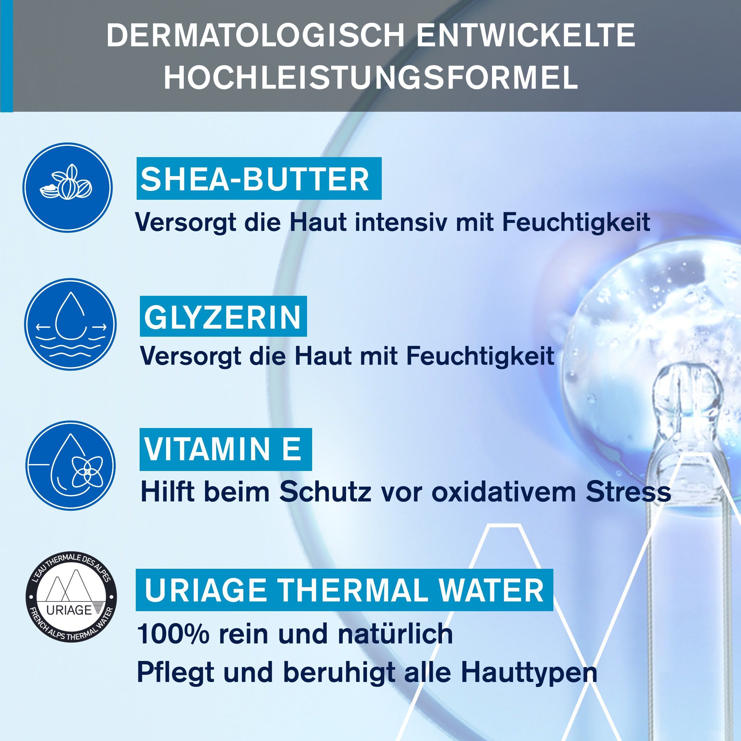 Inhaltsstoffe: Shea-Butter, Glyzerin, Vitamin E, Uriage Thermalwasser. Text: Dermatologisch entwickelte Hochleistungsformel.