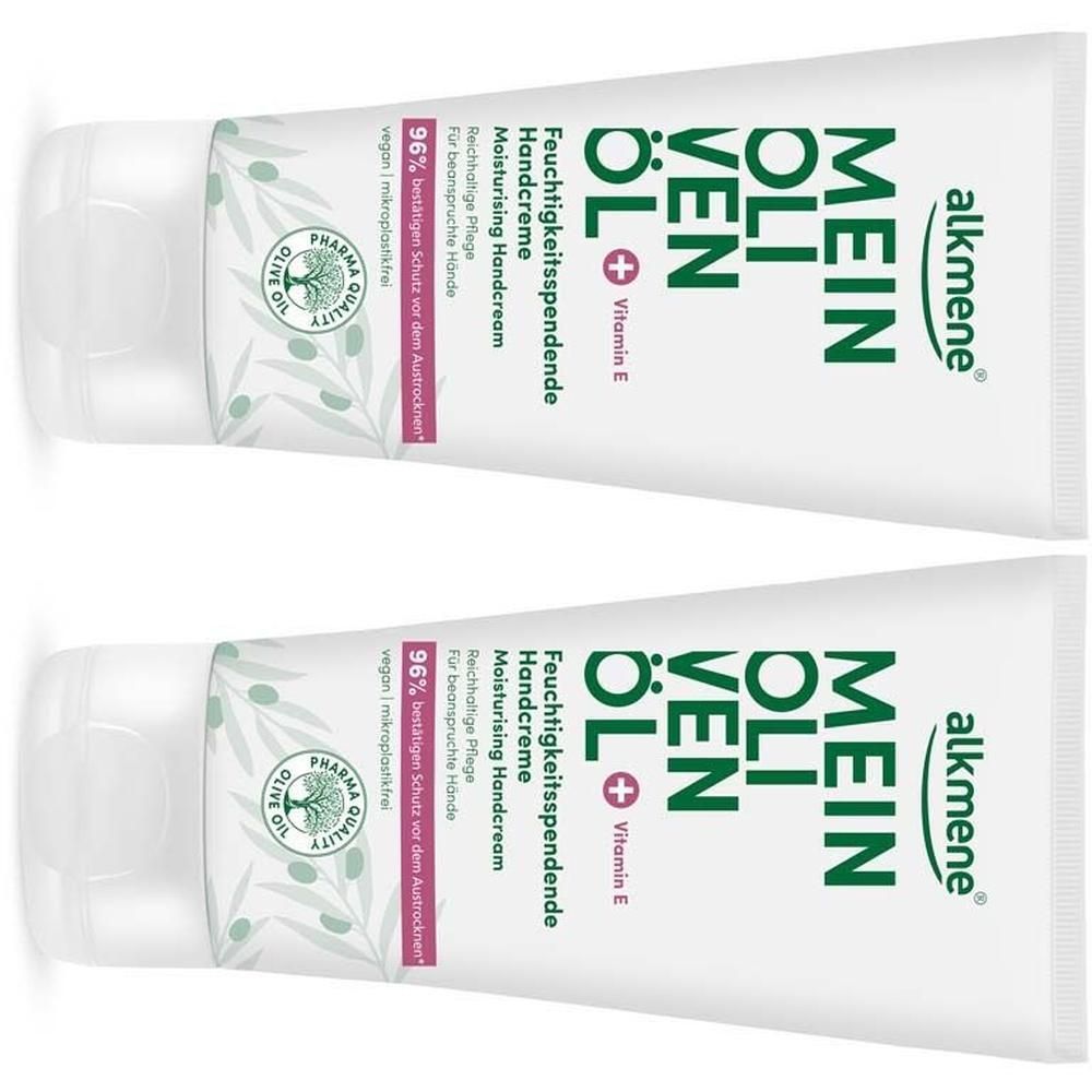 Zwei Tuben MEIN OLIVENÖL Handcreme. Weiße Tuben mit grünen und rosa Elementen. Text: Feuchtigkeitsspendende Handcreme, Vitamin E.