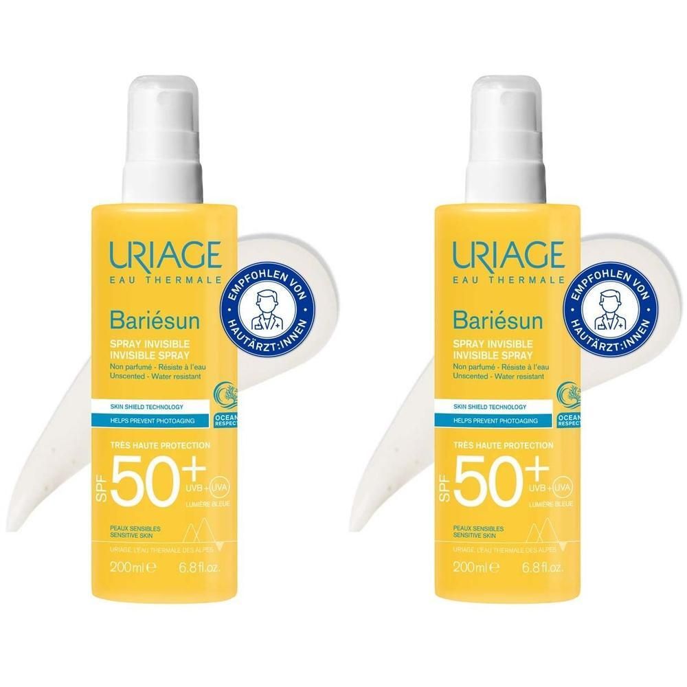 Zwei gelbe Sprühflaschen mit weißem Sprühkopf. Aufschrift: URIAGE Bariesun 50+.