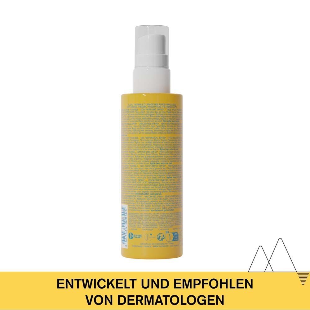 Gelbe Sprühflasche mit weißem Sprühkopf. Aufschrift: URIAGE. Text: Entwickelt und empfohlen von Dermatologen.