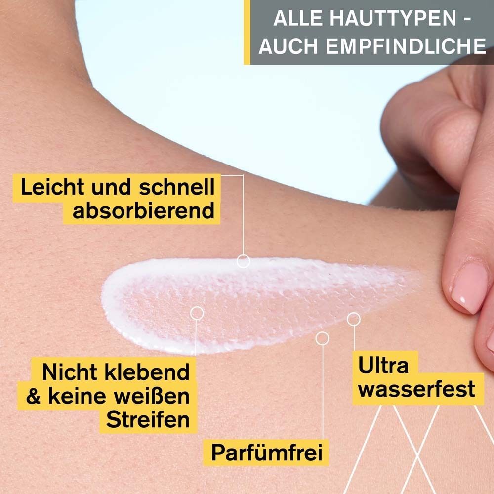 Weißes Produkt auf Haut. Text: Leicht absorbierend, nicht klebend, ultra wasserfest, parfümfrei.