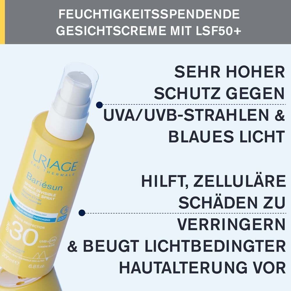 Gelbe Sprühflasche. Text: Sehr hoher Schutz vor UVA/UVB-Strahlen & blauem Licht. Hilft, Zellschäden zu verringern.