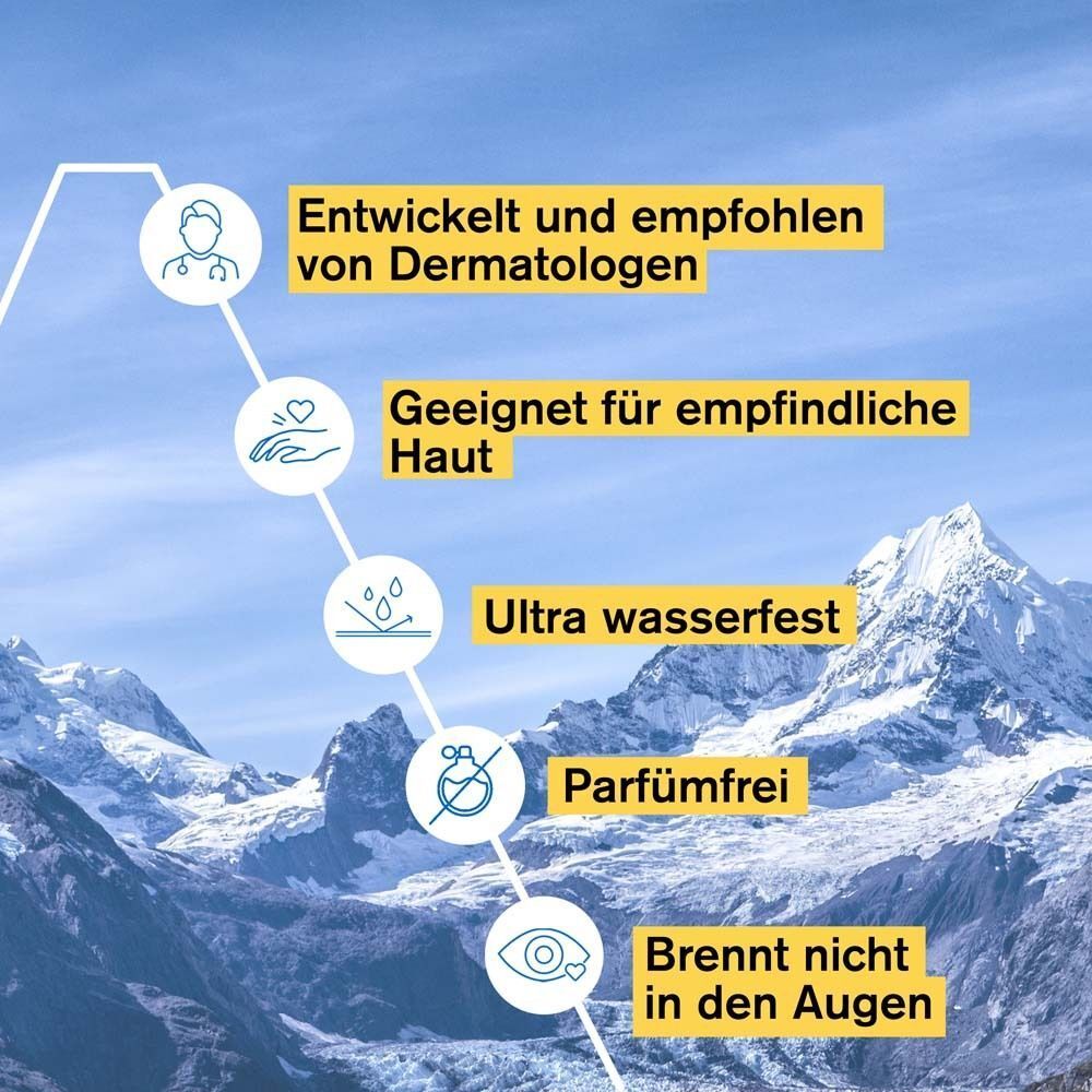 Grafik mit Text: Entwickelt von Dermatologen, geeignet für empfindliche Haut, ultra wasserfest, parfümfrei, brennt nicht in den Augen.