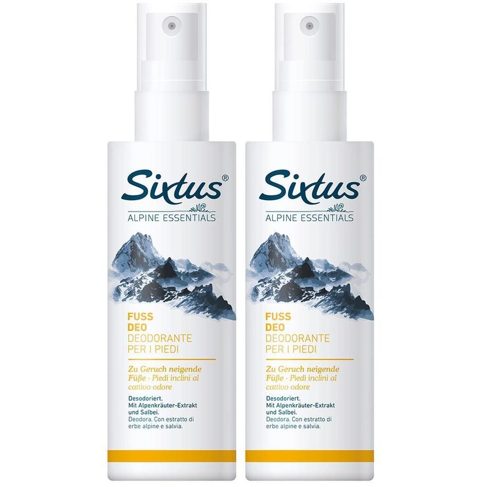 Zwei weiße Sprühflaschen mit dem Logo Sixtus und der Aufschrift FUSS DEO. Berglandschaft-Illustration. Text in Deutsch und Italienisch.