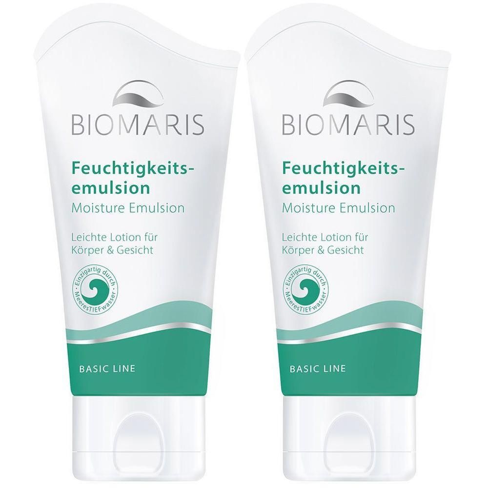 Zwei weiße Tuben mit grünen Akzenten. Aufschrift: BIOMARIS Feuchtigkeitsemulsion, Moisture Emulsion, Leichte Lotion für Körper & Gesicht. BASIC LINE.