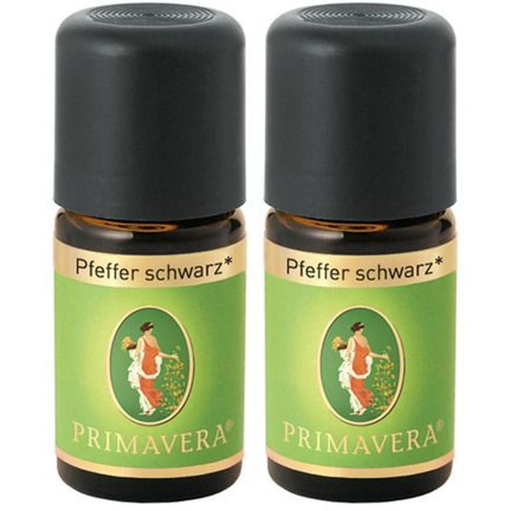 Zwei Fläschchen mit schwarzem Deckel. Aufschrift: Pfeffer schwarz*. Grünes Etikett mit Frau und PRIMAVERA Logo.