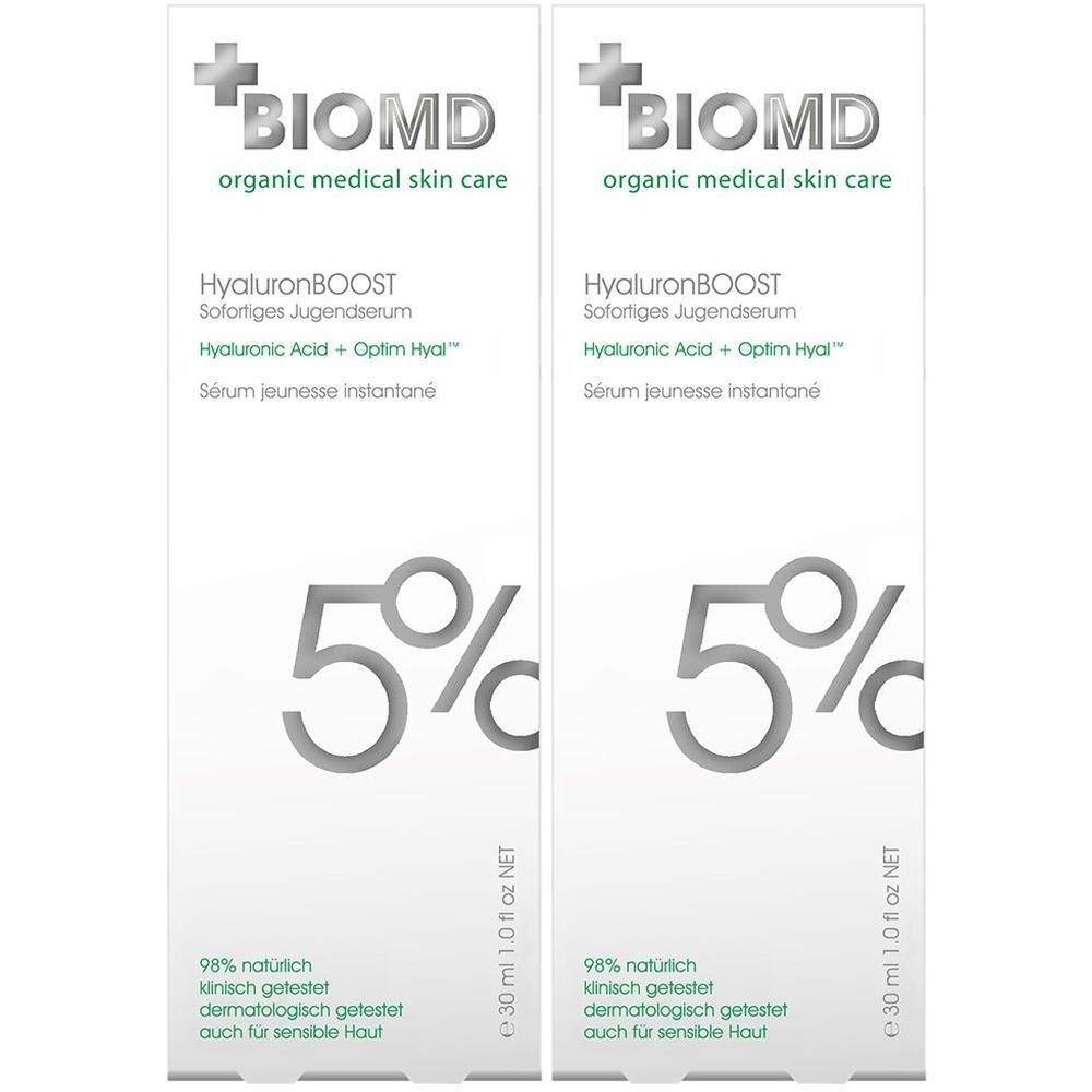 Zwei weiße Faltschachteln mit BIOMD-Logo und Produktinformationen. Text: HyaluronBOOST, 5%, 30 ml, 98% natürlich.