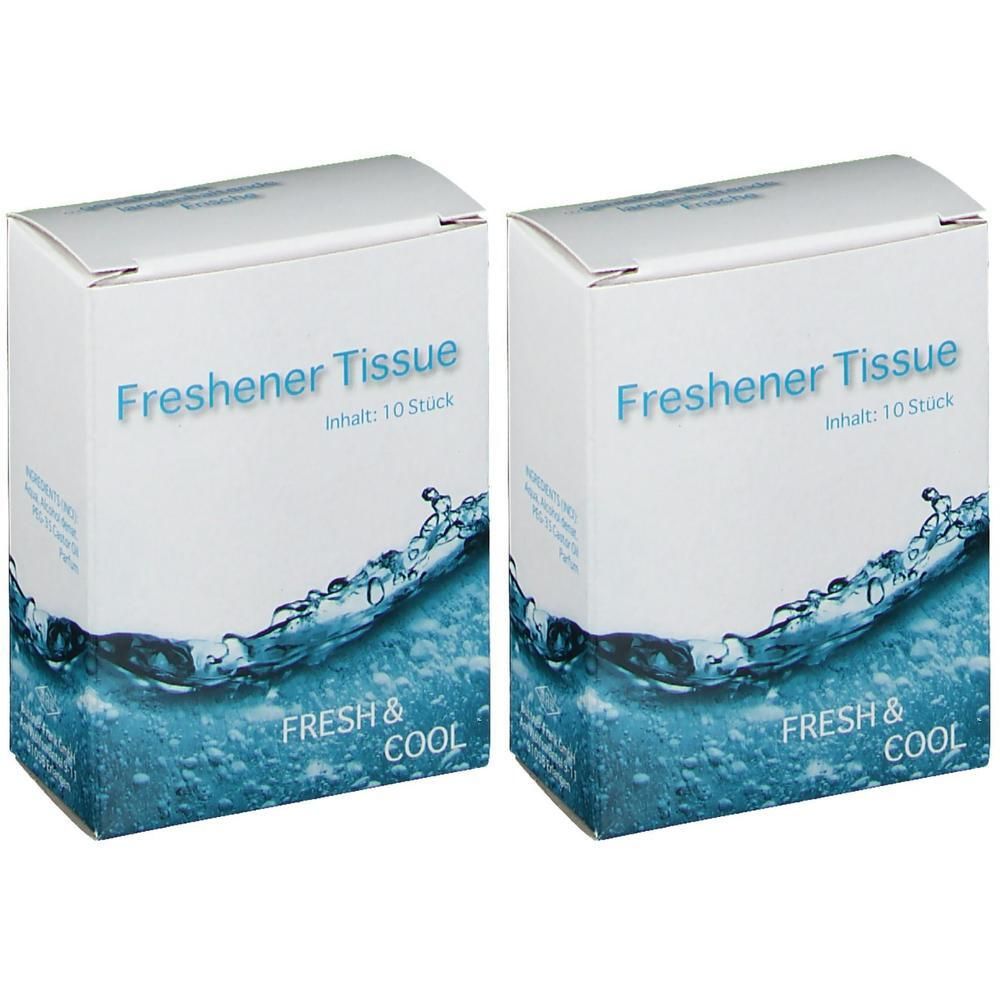 Zwei weiße Kartons mit blauer Wellen-Grafik. Aufschrift: Freshener Tissue, Inhalt: 10 Stück, FRESH & COOL.