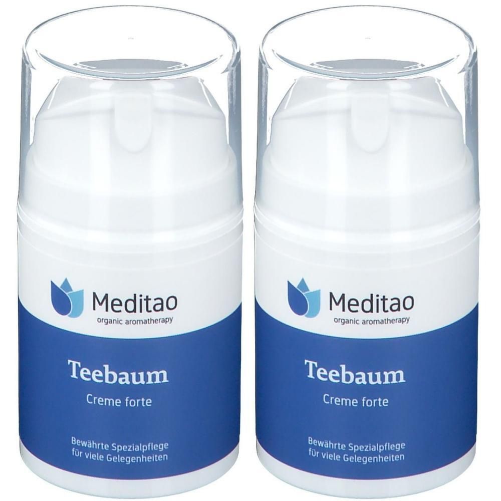 Zwei weiße Spenderflaschen mit blauem Etikett. Aufschrift: Meditao, Teebaum Creme forte. Klare Kunststoffkappe.