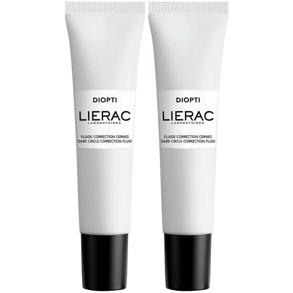 Zwei Tuben Creme. Weiß, mit schwarzem Verschluss. Aufschrift: DIOPTI, LIERAC, Fluide Correction Cernes, Dark Circle Correction Fluid.