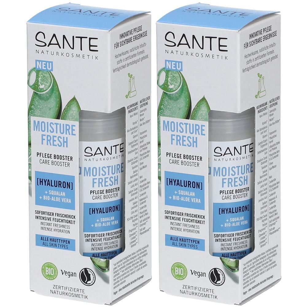 Zwei Packungen MOISTURE FRESH Pflege Booster. Blaue und weiße Kartons mit Produktnamen und Logo. Enthält Hyaluron, Squalane und Bio-Aloe Vera.