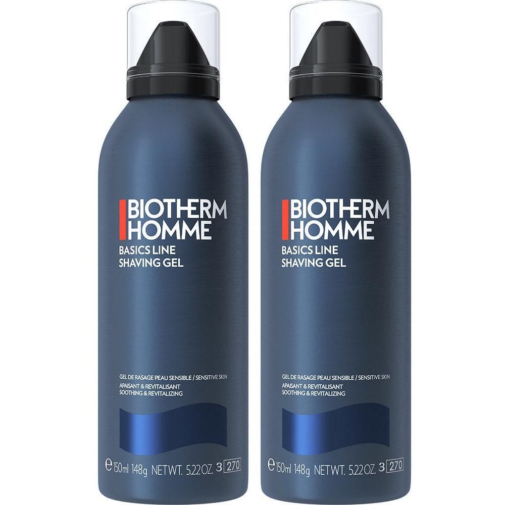 Zwei blaue Rasiergel-Flaschen mit schwarzem Deckel. Aufschrift: BIOTHERM HOMME, Basics Line Shaving Gel. Gel für sensible Haut.