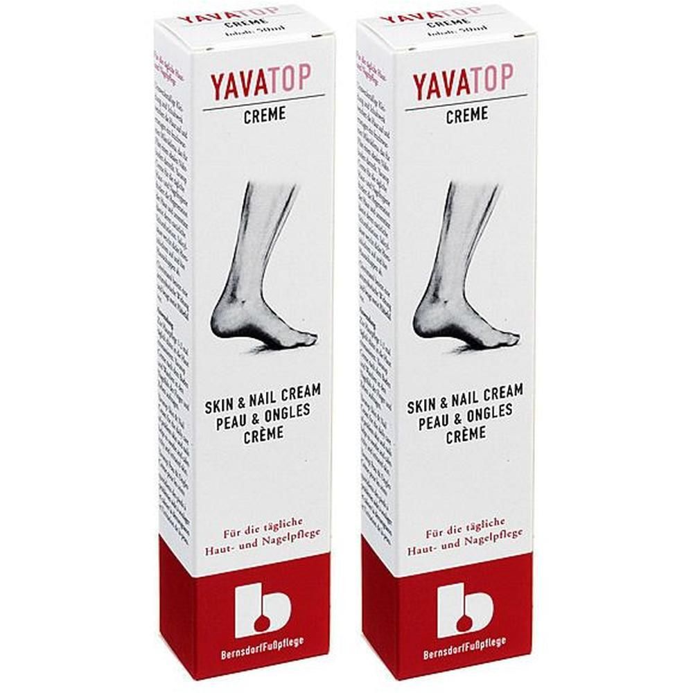 Zwei rechteckige Schachteln mit YAVATOP Creme-Aufschrift. Aufdruck: SKIN & NAIL CREAM. Roter Sockel mit Logo. Text in Deutsch und Französisch.