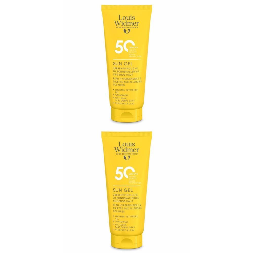 Zwei gelbe Tuben mit SUN GEL 50 l.P. Aufschrift. Produkt von Louis Widmer.
