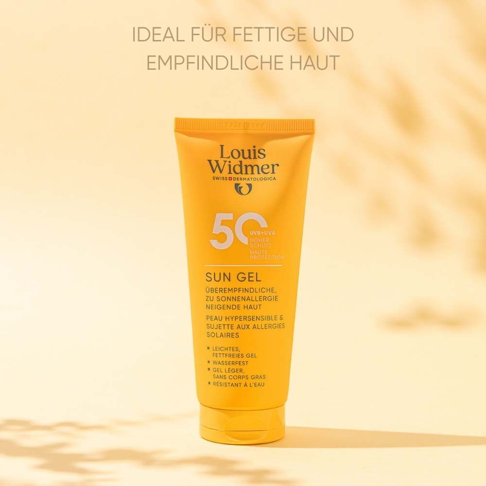 Gelbe Tube SUN GEL 50 l.P. Text: Ideal für fettige und empfindliche Haut. Logo Louis Widmer.