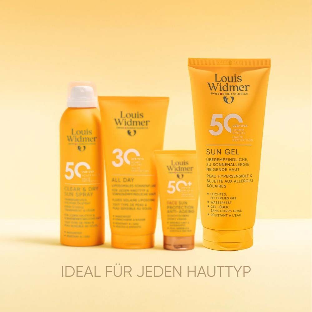 Verschiedene Produkte von Louis Widmer. SUN GEL 50 l.P. Text: Ideal für jeden Hauttyp.