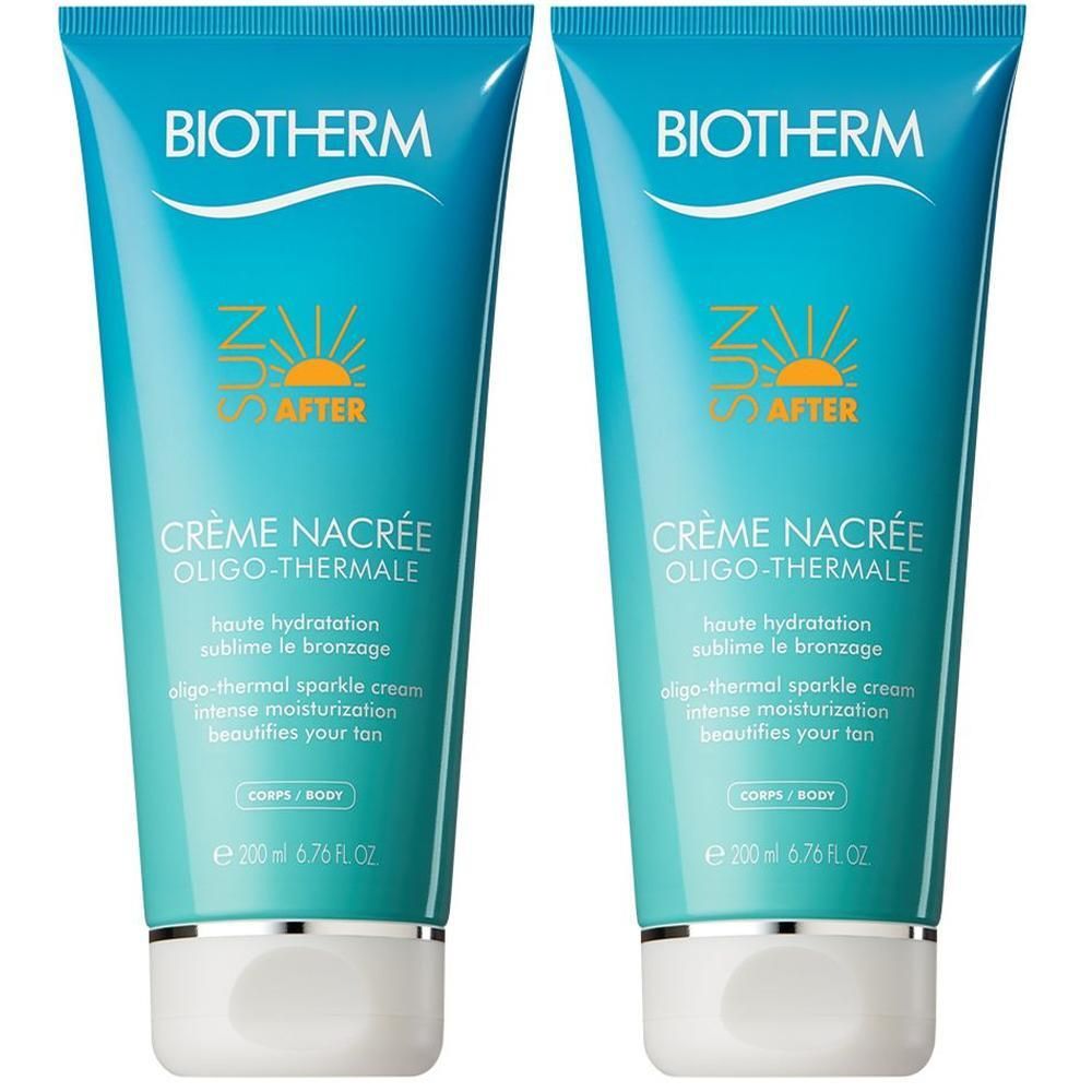 Zwei Tuben BIOTHERM Crème Nacrée After Sun. Türkis-blaue Tuben mit weißem Verschluss. Text: Crème Nacrée, Oligo-Thermale, 200 ml.