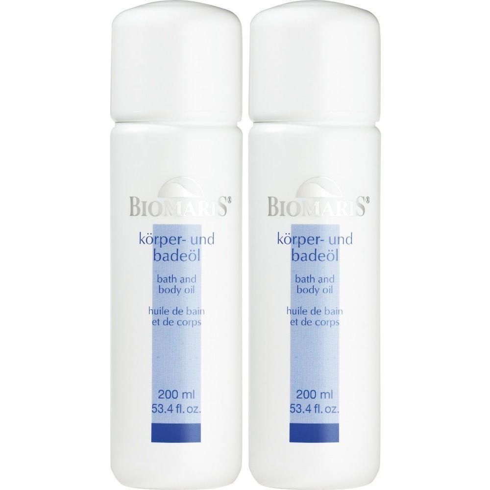Zwei weiße Flaschen BIOMARIS Körper- und Badeöl. Aufschrift: „körper- und badeöl“, „bath and body oil“, „huile de bain et de corps“.