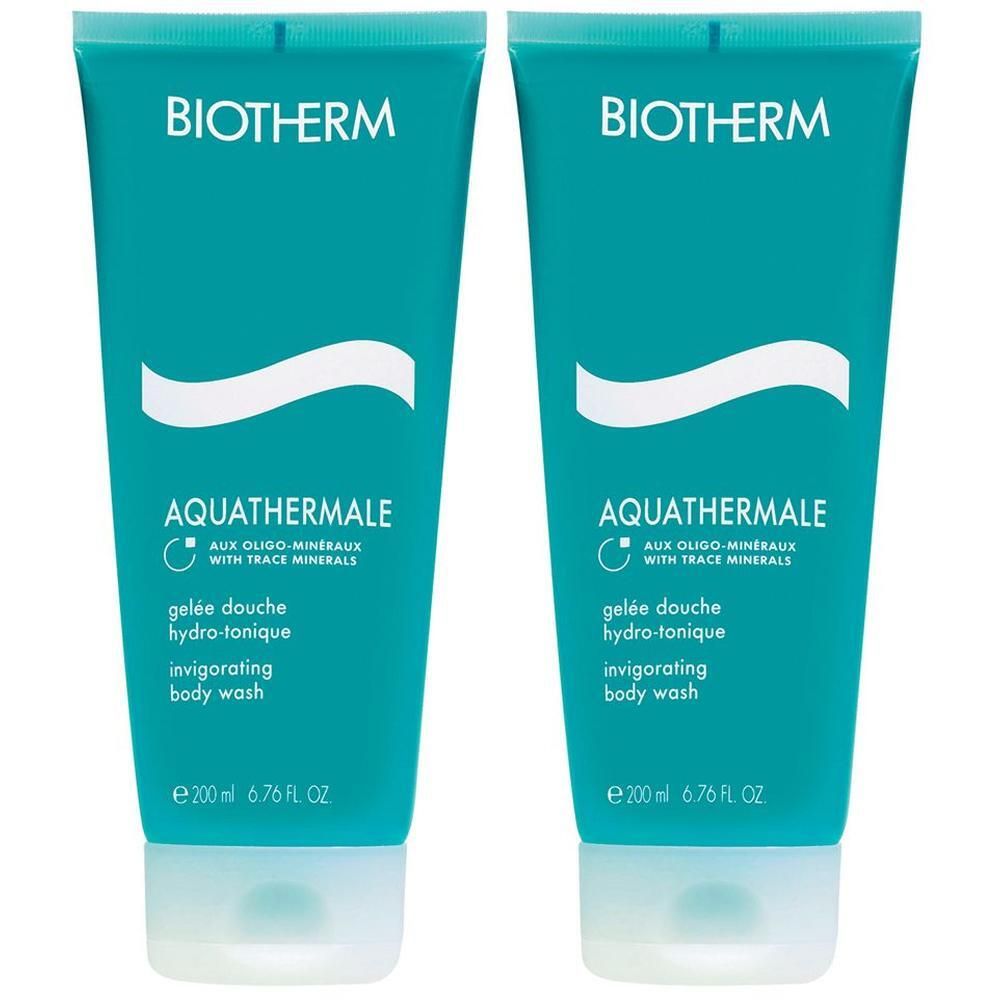 Zwei türkisfarbene Tuben mit weißer Schrift. Aufschrift: BIOTHERM, AQUATHERMALE, Duschgel. Volumen: 200 ml.