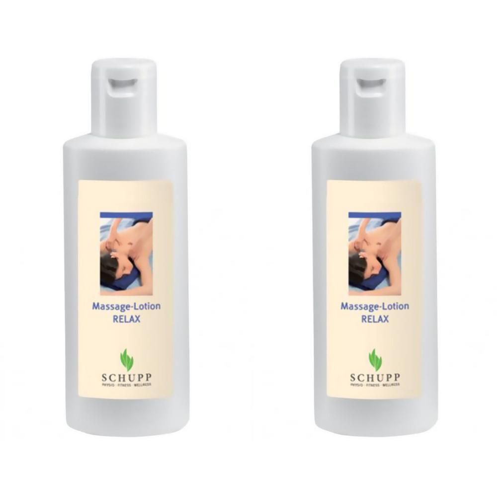 Zwei weiße Flaschen mit Klappverschluss. Auf dem Etikett steht "Massage-Lotion RELAX" und das Logo von SCHUPP.