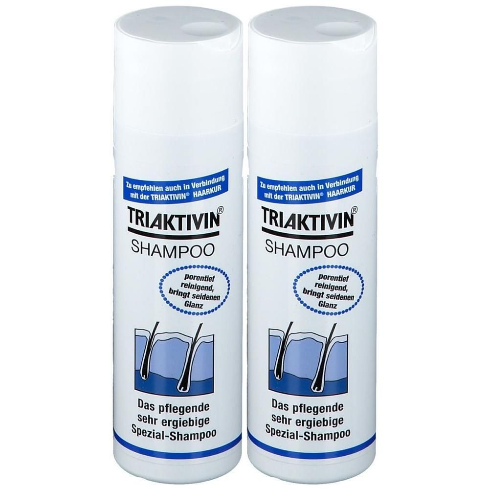 Zwei weiße Flaschen TRIAKTIVIN Shampoo. Aufschrift: porentief reinigend, bringt seidenen Glanz. Spezial-Shampoo.