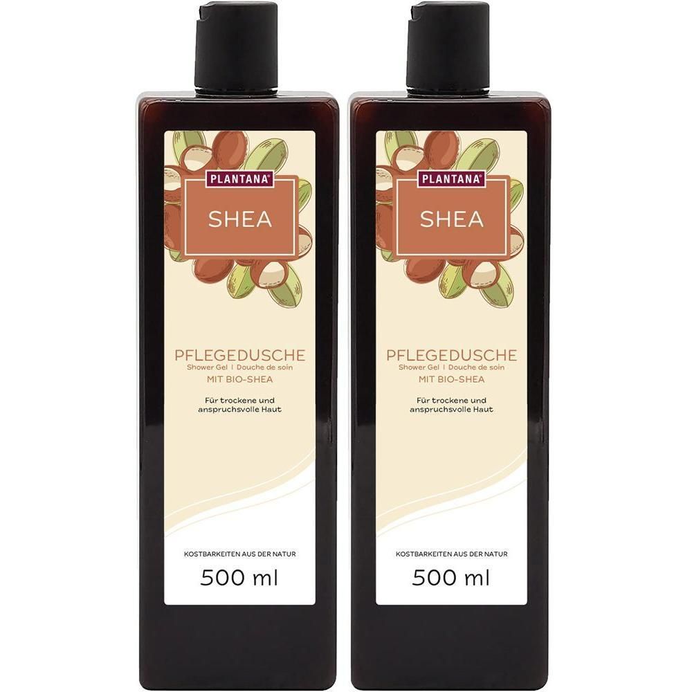Zwei braune Flaschen mit schwarzem Deckel. Aufschrift: PLANTANA SHEA Pflegedusche, 500 ml. Für trockene und anspruchsvolle Haut.