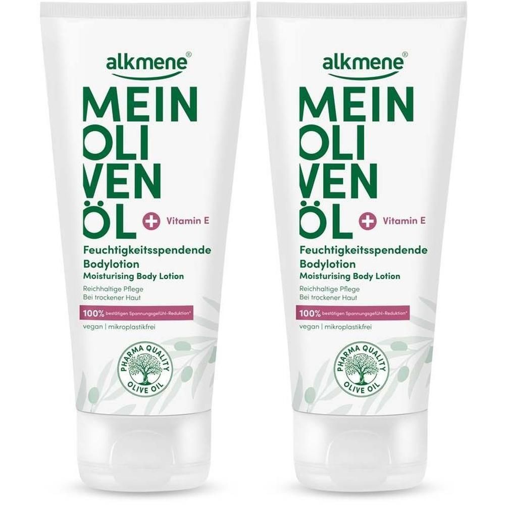 Zwei Tuben MEIN OLIVENÖL Bodylotion. Weiße Tuben mit grünem und rotem Schriftzug. Pharma Quality Olive Logo.