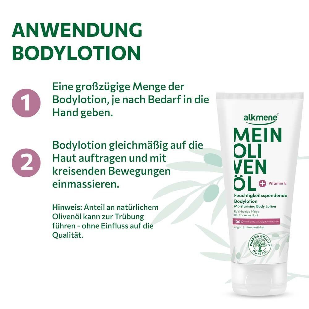 Anwendung Bodylotion. Text und Illustrationen. Eine Tube MEIN OLIVENÖL Bodylotion. Pharma Quality Olive Logo.